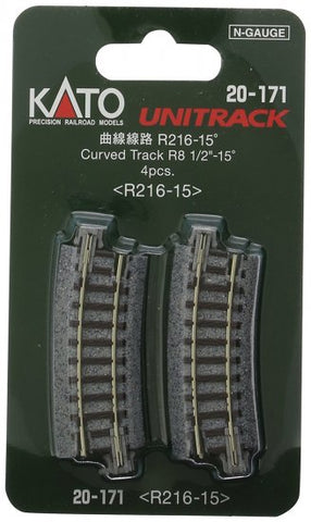 N Kato Curved Track R8 1/2"-15 Degrees 20-171